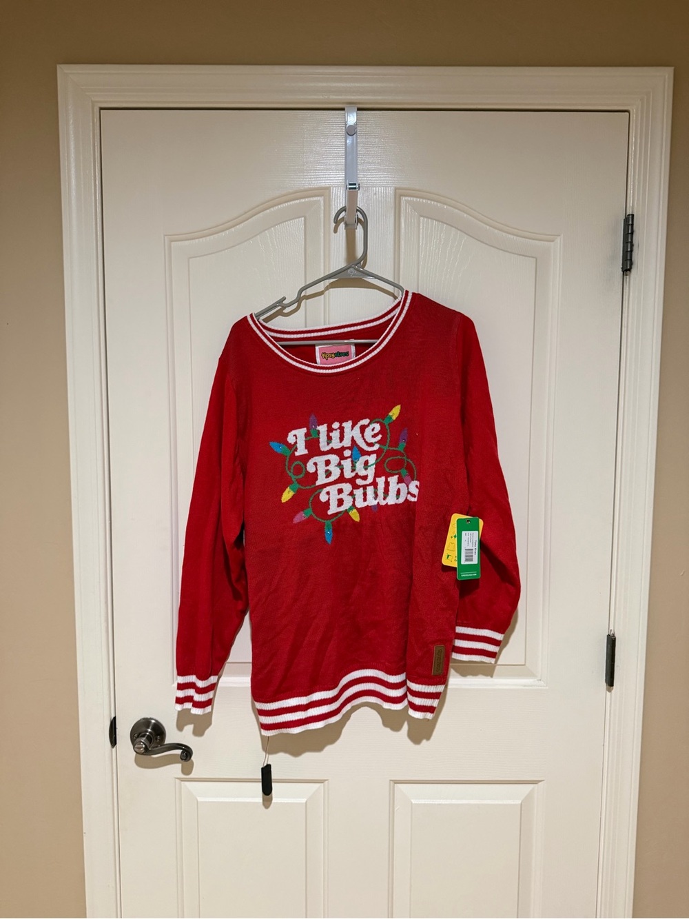 Tipsy Elves Red Holiday Sweater with Multicolor Bulb Graphic